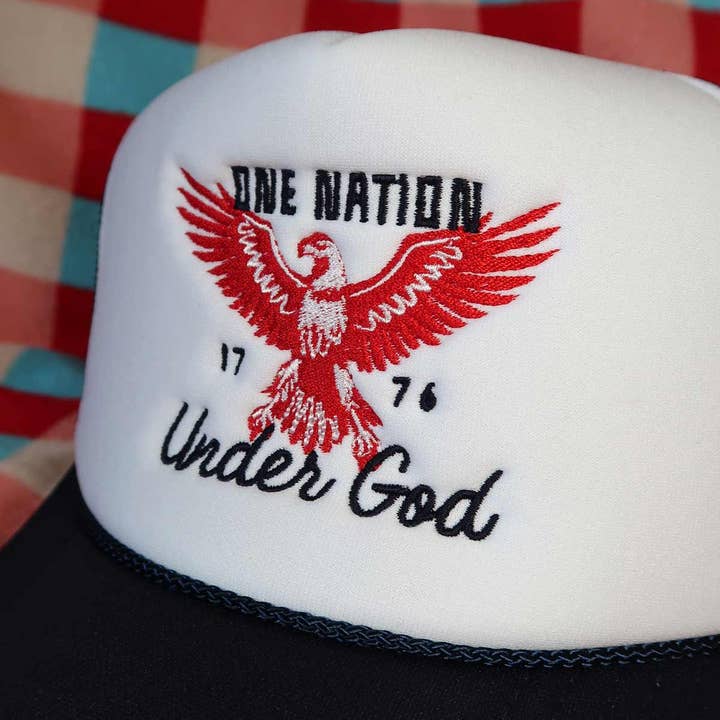 Sundrop - Wholesale Trucker Hat - Unisex - One Nation Under God Navy Trucker Hat - Embroidered July 4th1