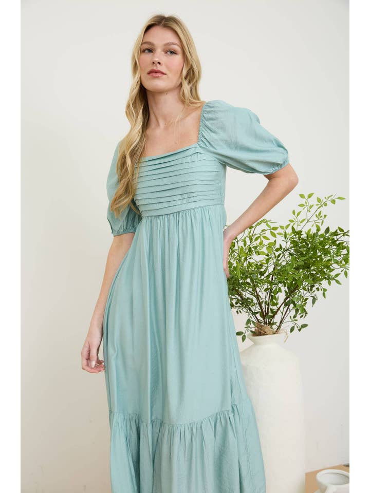 MINE - Wholesale Dress - Women's - PLEATED EMPIRE WAIST PUFF SLEEVE MIDI DRESS