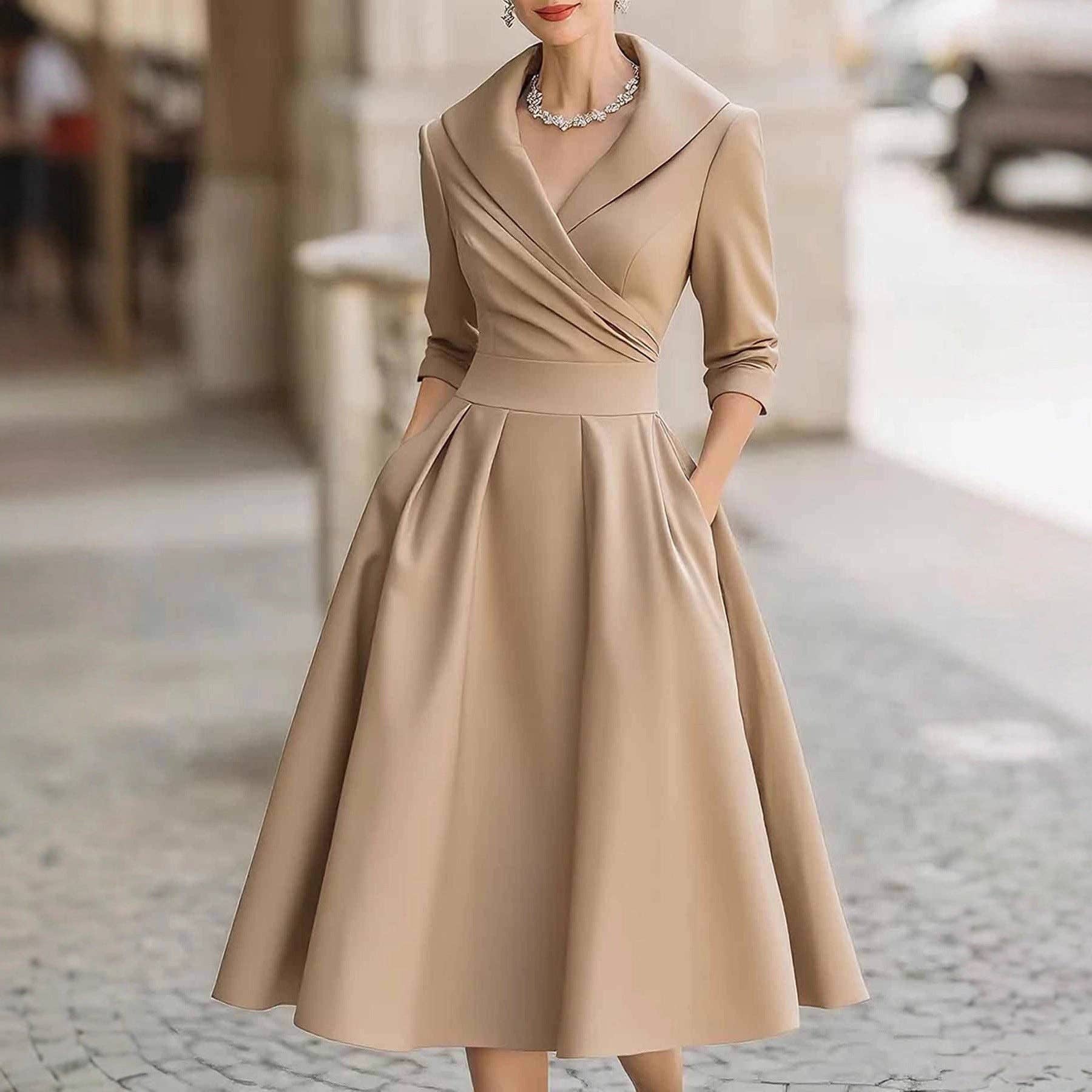 EmberLoom - Wholesale Dress - Women's - Women's Belted Satin V Neck Long Sleeve Midi Dress4