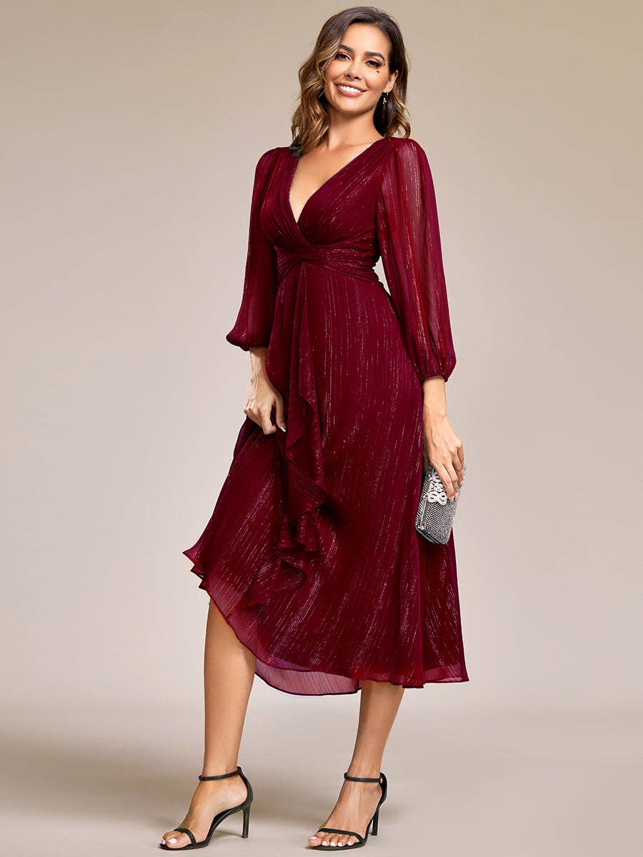 Ever-Pretty - Vente Robe de soirée – femme - Robe scintillante en mousseline pour invitée de mariage à manches longues2