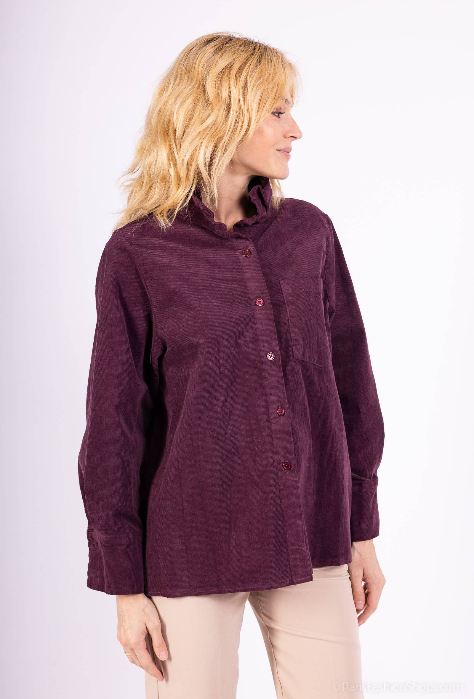Pépouz' Paris - Wholesale Button Down Shirt - Women's - Corduroy shirt with ruffled collar PC25522