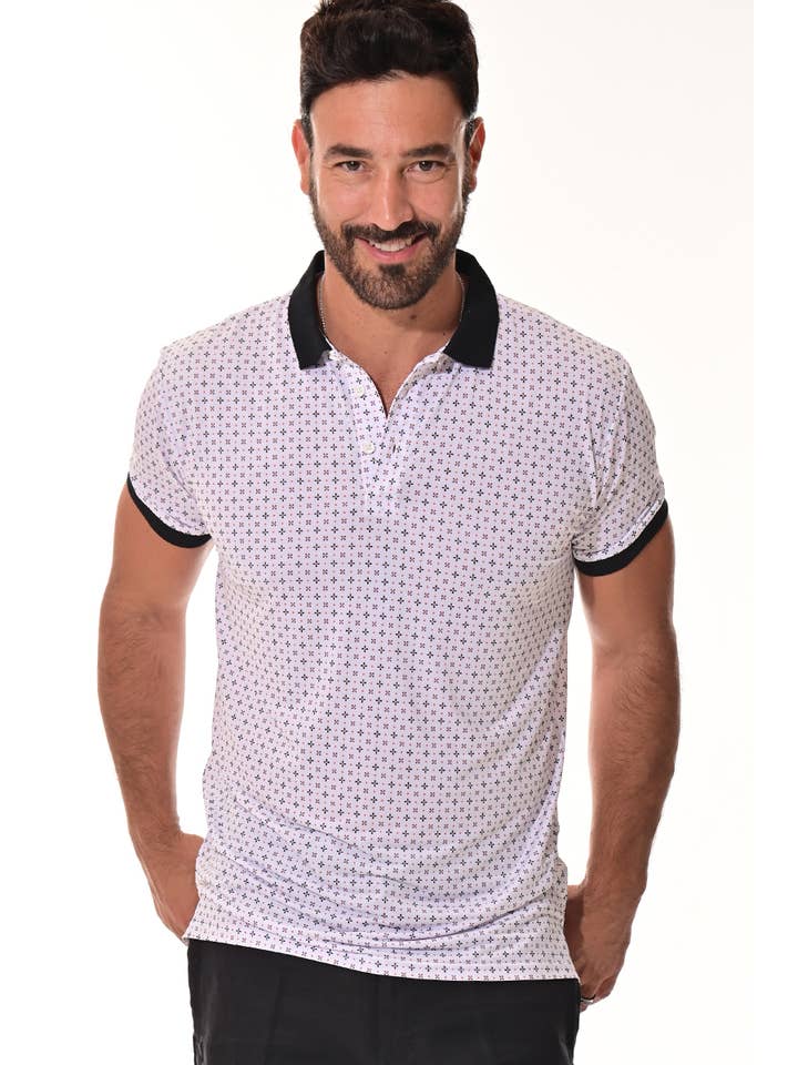 WHITE PRINT Men's S/S Polo Performance Cool Feel 4 Way Stretch-A-MKT3157 for wholesale on Faire2