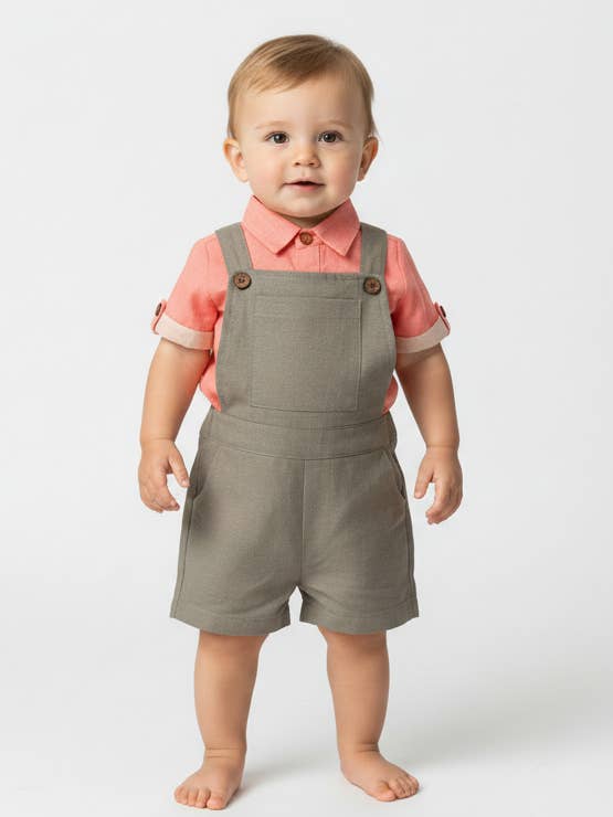 Infant Romper-Shirt and Overalls Set - Coral & Grey for wholesale by Yo Baby