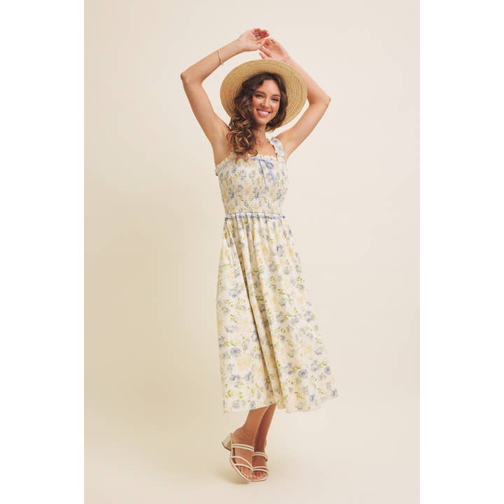 BUTTER CREAM BLUE LOVELY FLORAL SMOCKED MIDI DRESS WITH BOW for wholesale on Faire