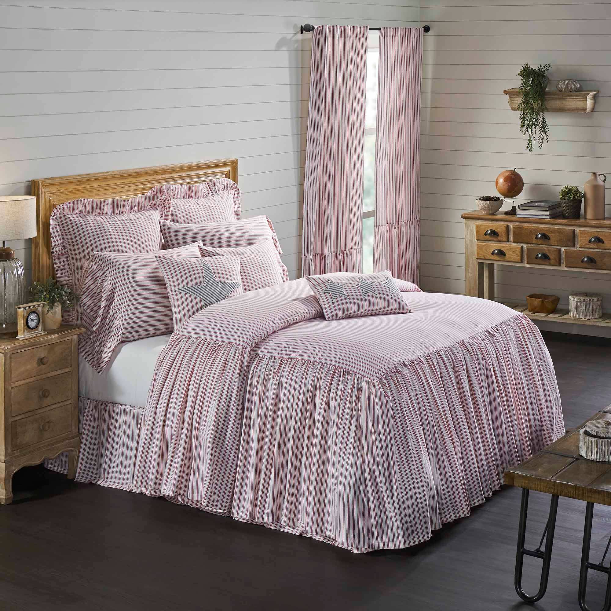 VHC Brands - Wholesale Bedding Blanket - Timeless Ticking Red Ruffled King Bedspread 80Lx76W+270