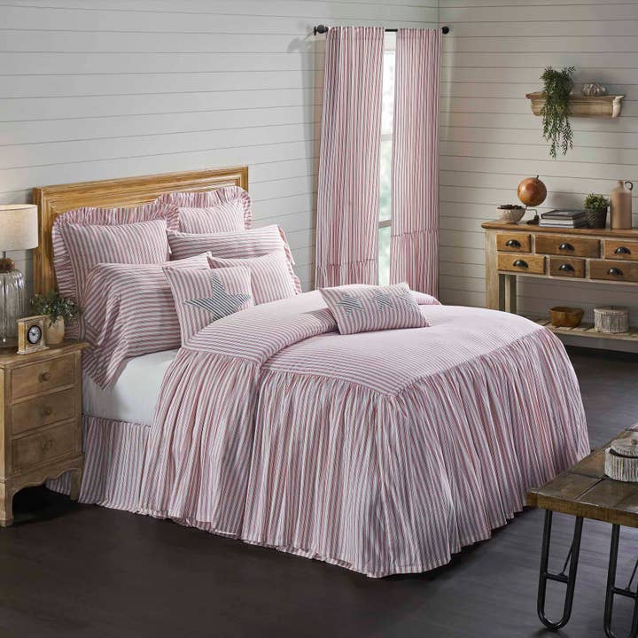 VHC Brands - Wholesale Bedding Blanket - Timeless Ticking Red Ruffled King Bedspread 80Lx76W+27