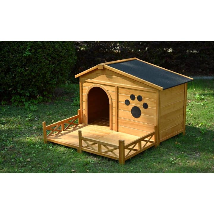 Natural Wooden Dog House with Porch, Water-Resistant Roof & Fencing for wholesale on Faire