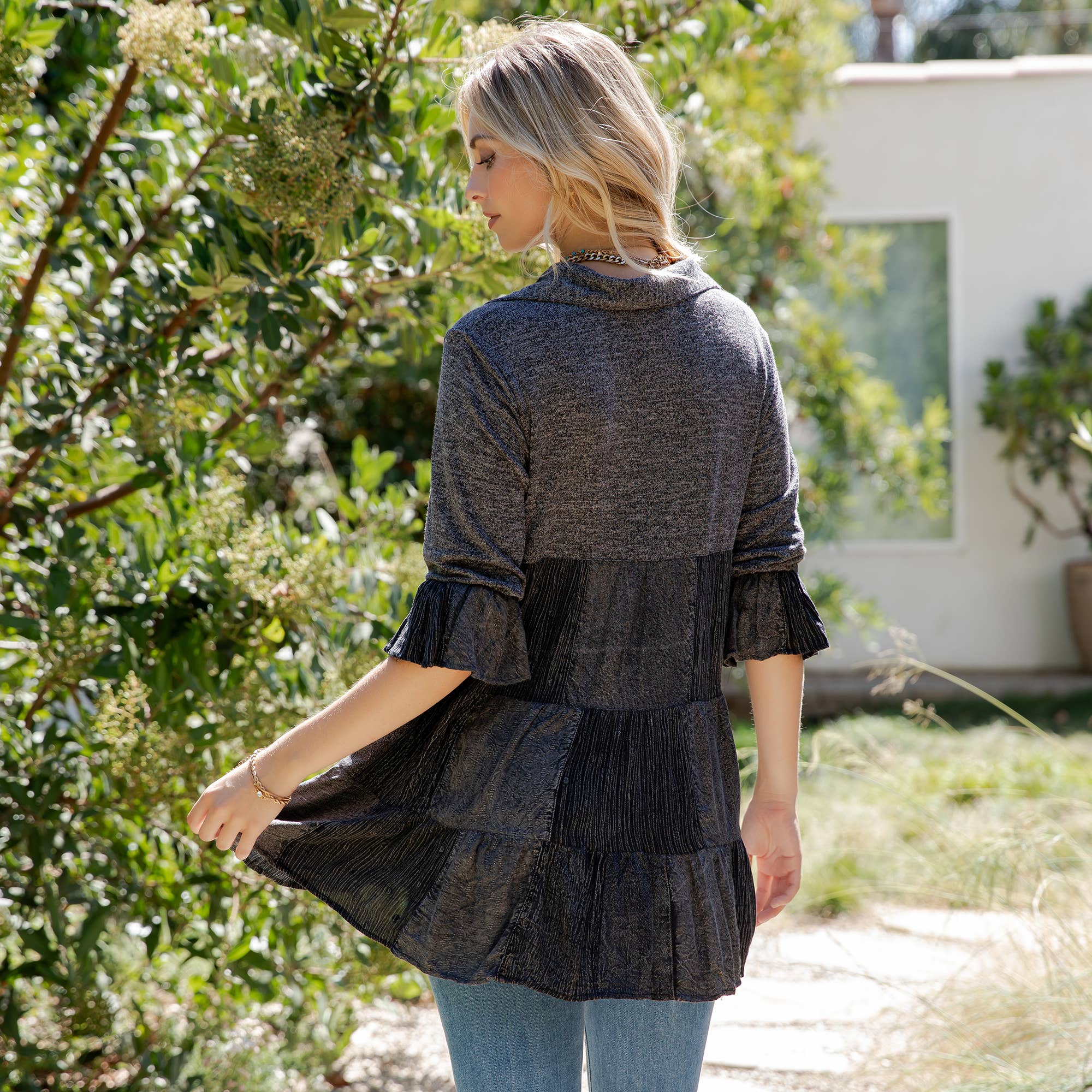 Young Threads - Wholesale Blouse - Women's - Western Denim Yoke Patchwork Tiered Tunic Top (New Color)29