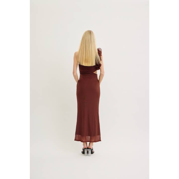 LENA - Wholesale Dress - Women's - FRILL AND CUTOUT WAIST DETAIL ONE SHOULDER MESH MAXI DRESS