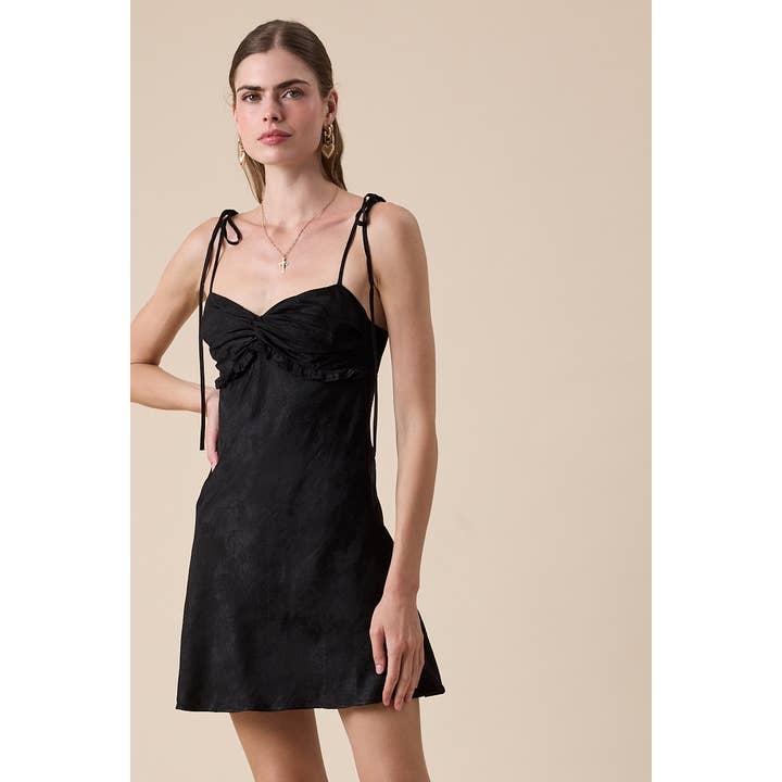 JACQUARD PRINT TIE STRAP RUFFLE TRIM MINI DRESS for wholesale by Sky to Moon