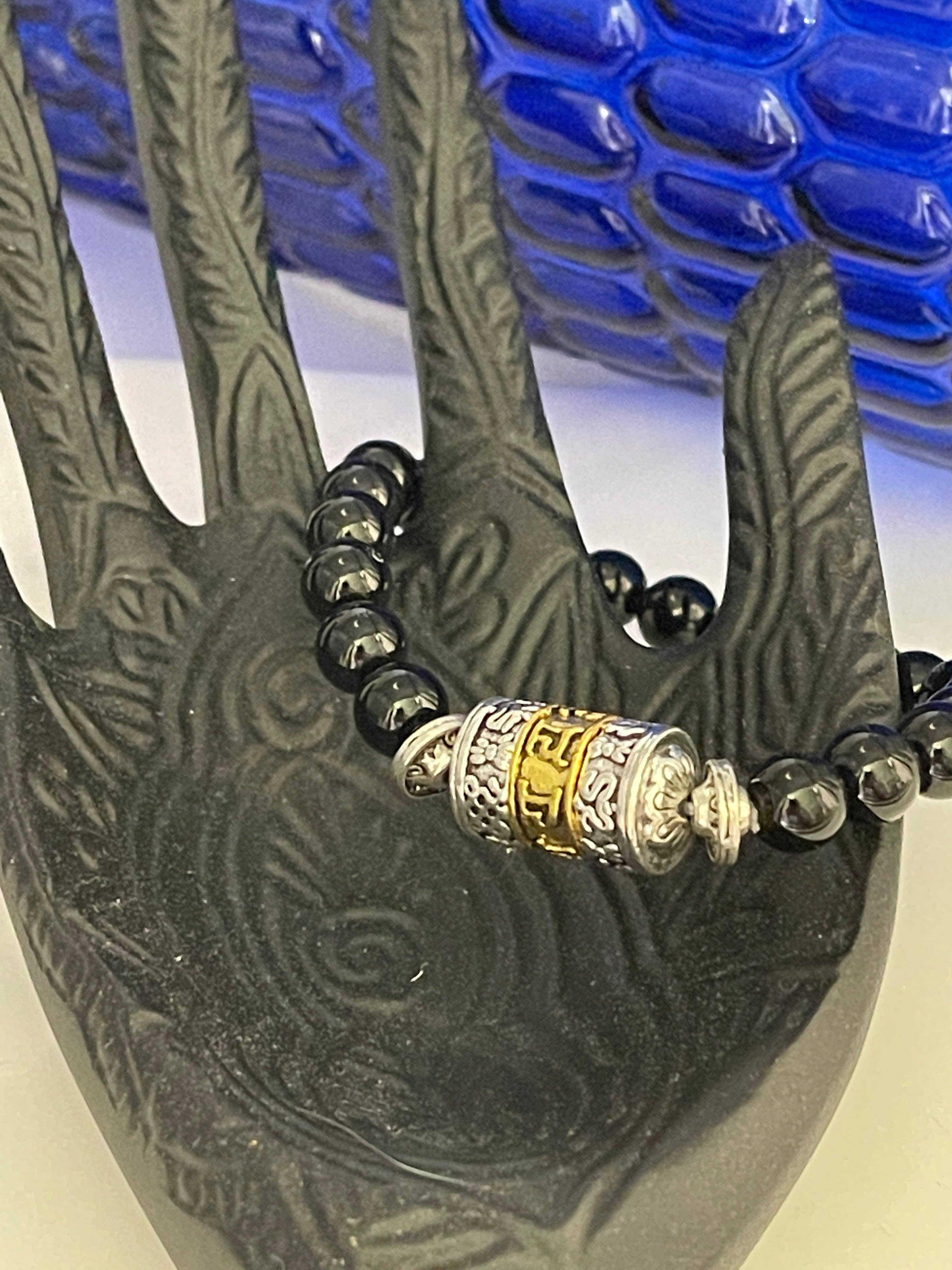 Peace Love Bling - Wholesale Beaded Bracelet - Black agate protective Mala Bracelet Om Mani Padme Hum Prayer Wheel1