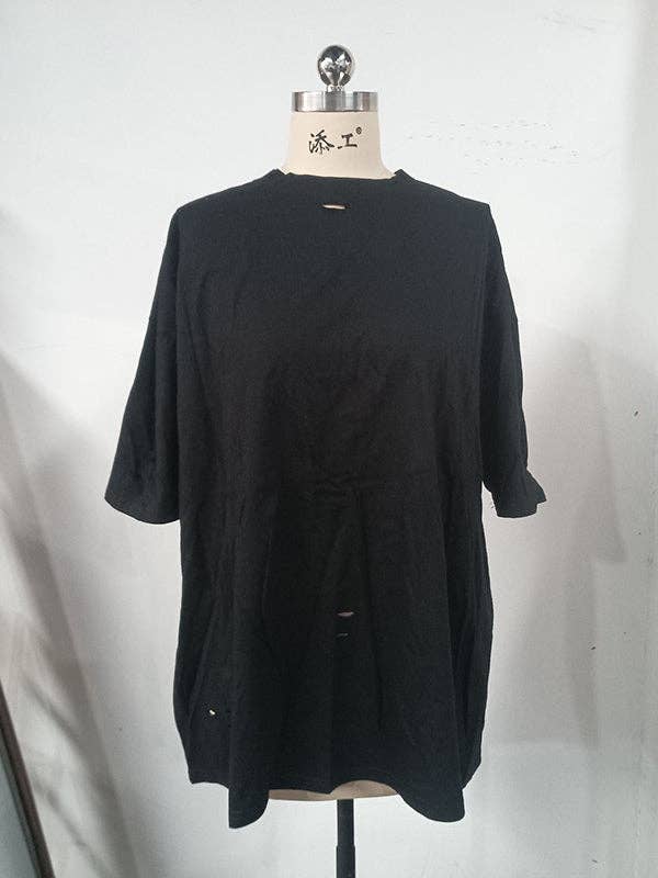 UZ Wholesale Store – Engroshandel Tunika - Dame – Løse korte ærmer Kontrastfarve Hult bogstavtryk T-shirttoppe med rund hals8