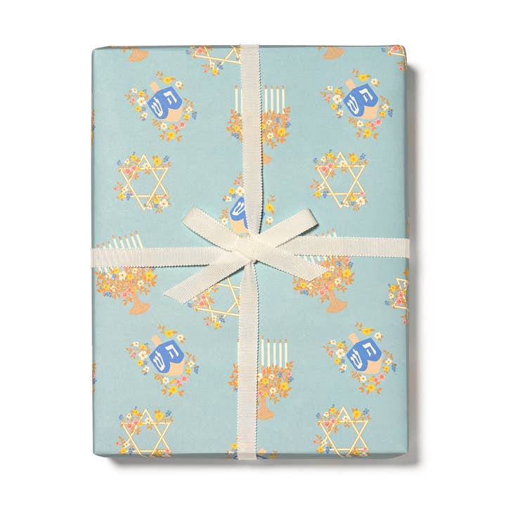 Red Cap Cards - Wholesale Flat Wrap - Floral Menorah Hanukkah wrapping paper0