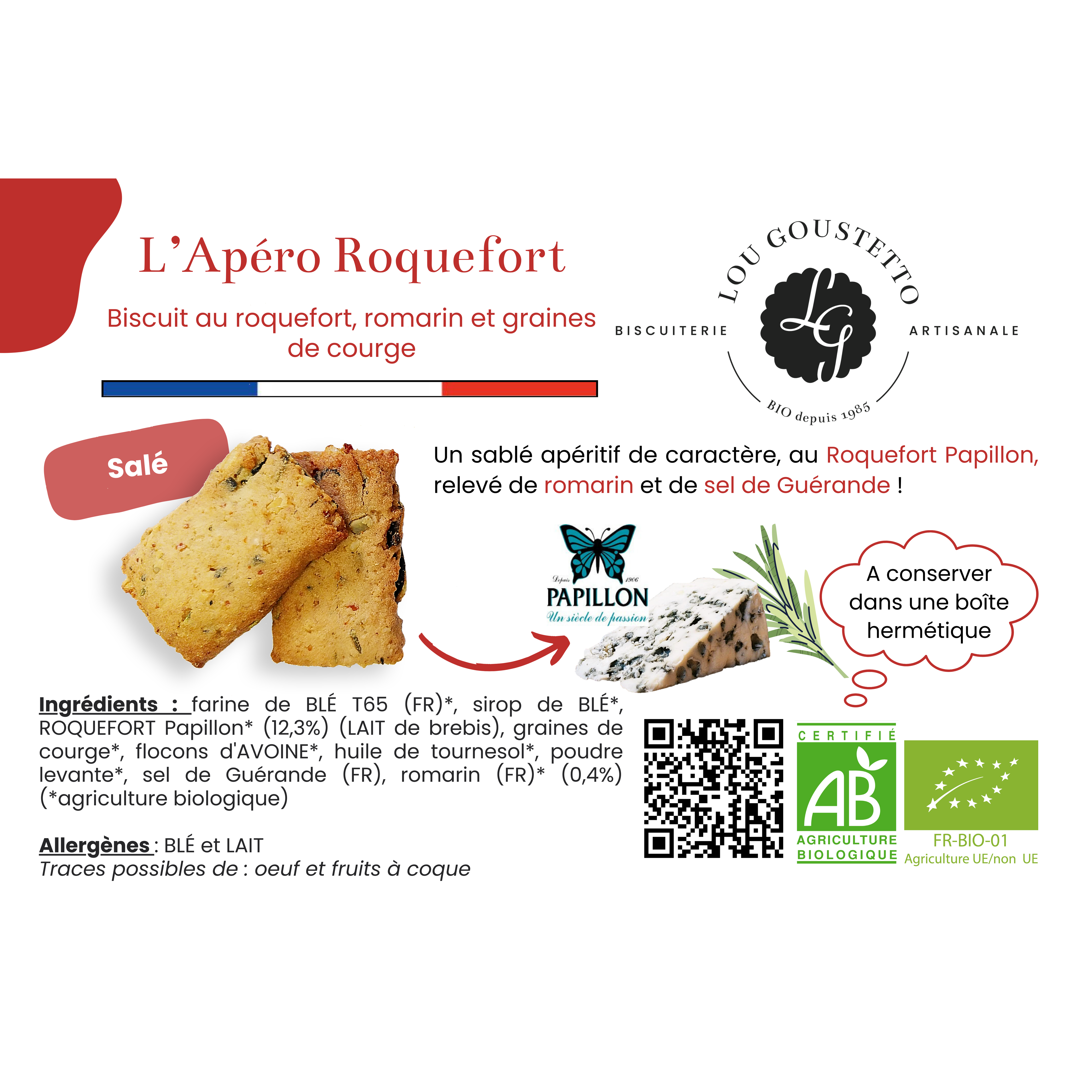 Lou Goustetto – Cookie por atacado – Folha laminada do produto - Biscoito aperitivo Roquefort e alecrim0