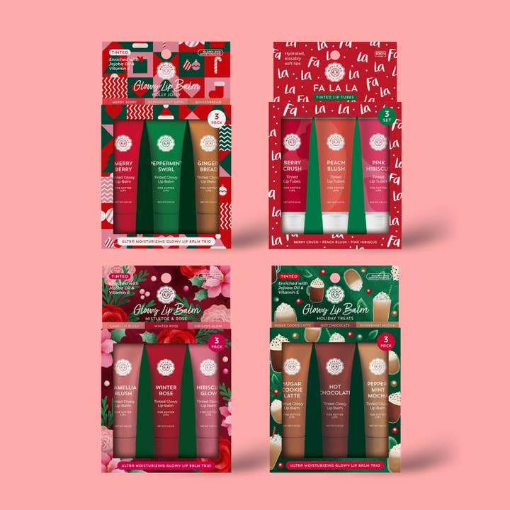 Woolzies - Wholesale Lip balm set - Holiday Glowy Lip Balm Assortment – 12pc (4 Styles)