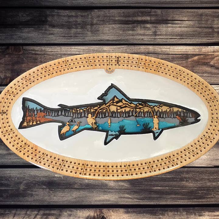 Premium Trout Cribbage Board for wholesale by RJS Engraving & Design
