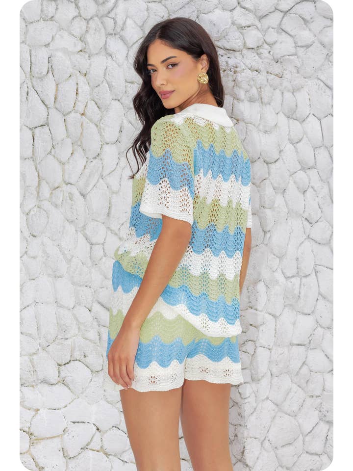 Green blue ivory Crochet Floral Detail Color Block Shirt for wholesale on Faire