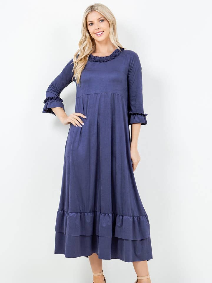 VESTIDO MIDI AZUL MARINHO COM MANGAS 3/4, BOLSOS LATERAIS E BAINHA COM BABADOS DVL5915 por atacado de Stylish Wholesale