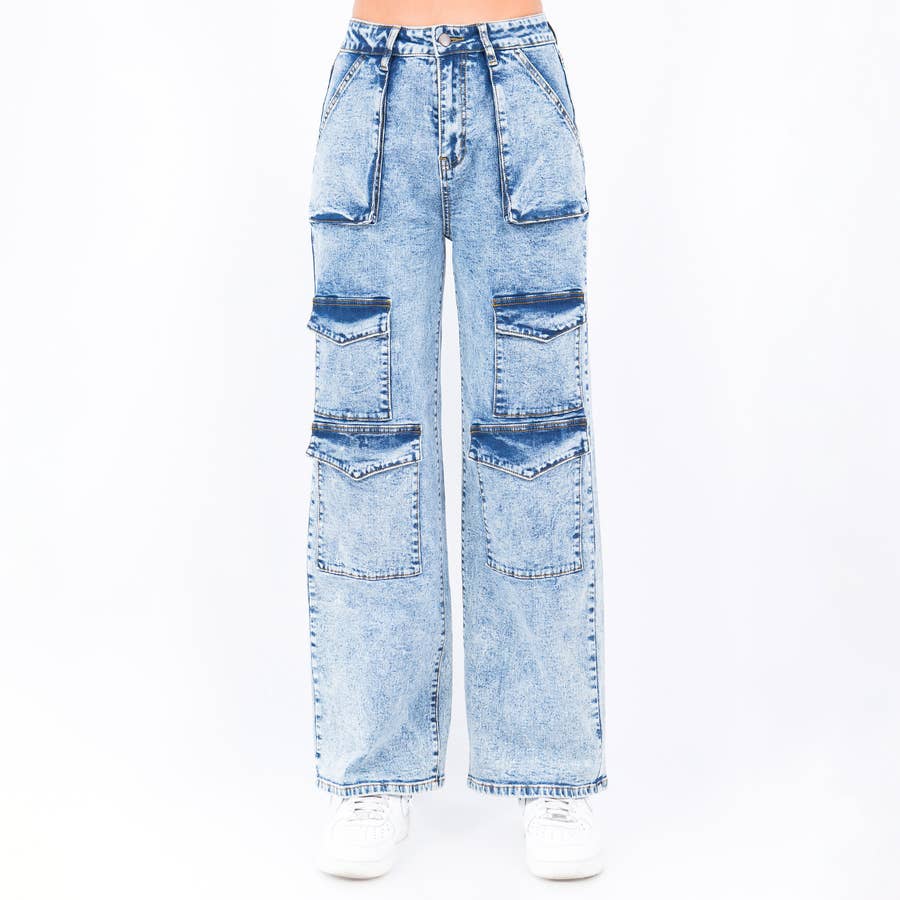Wholesale Blue Acid Wash Tencel Patch Pocket Straight Girls Pants – Tradyl