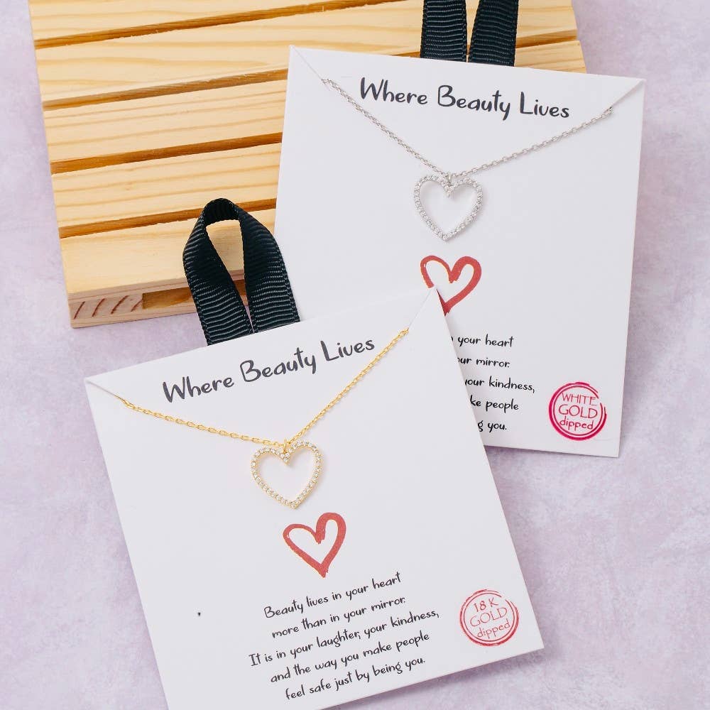 Fame Accessories - Wholesale Pendant/Charm Necklace - Gold Dipped Outline Cz Pave Heart Pendant Necklace0