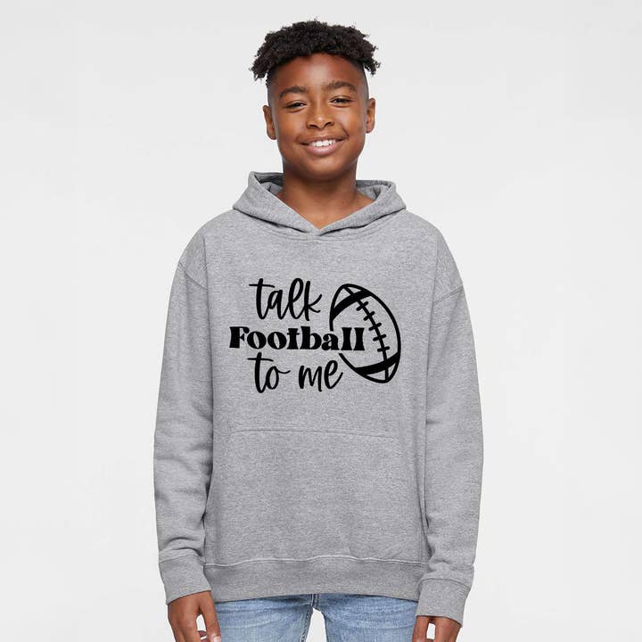 Parle-moi de football | Sweat à capuche graphique pour jeunes pour la vente par The Juniper Shop Wholesale