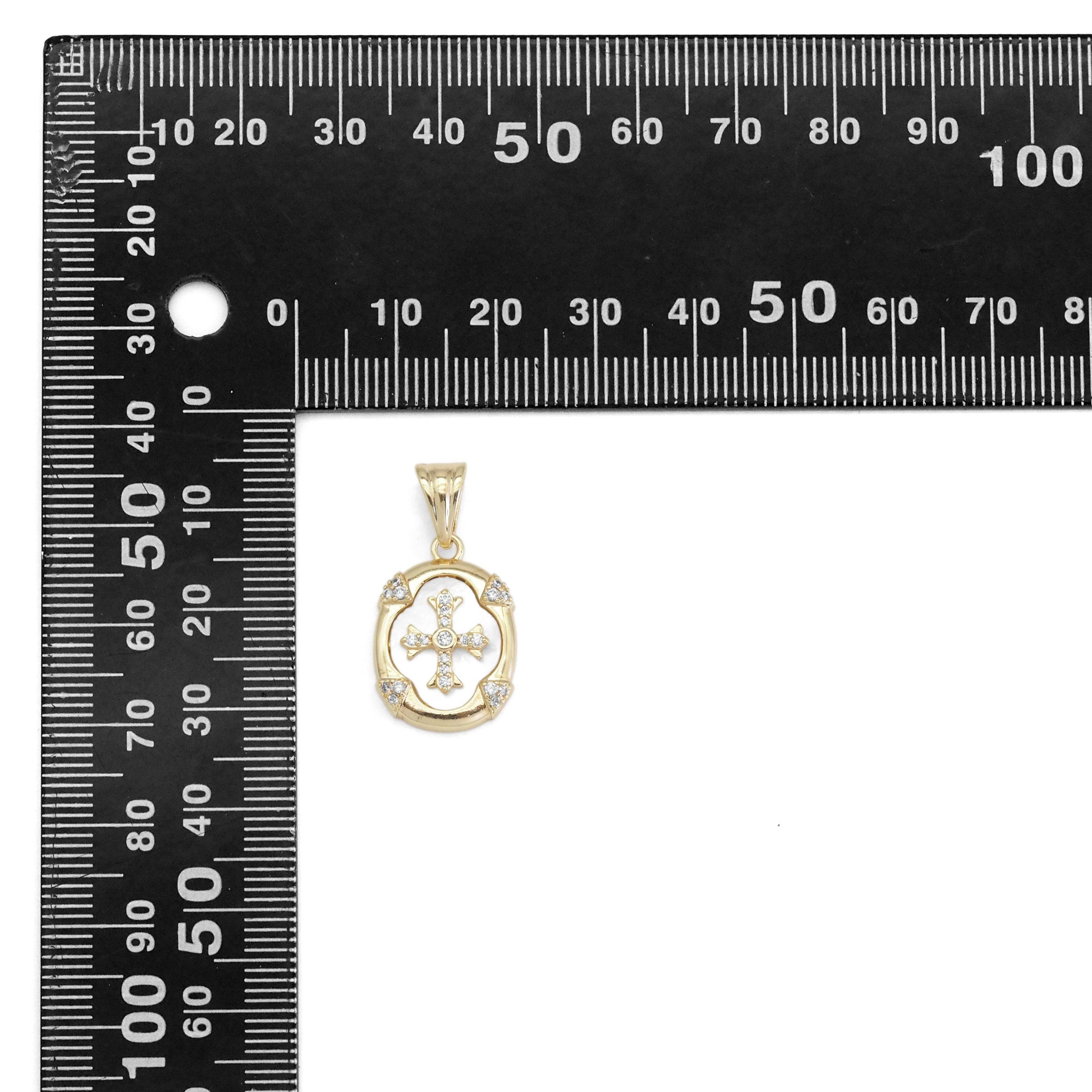 Wholesale Gold CZ Cross Mother of Pearl Oval Charm, Sku