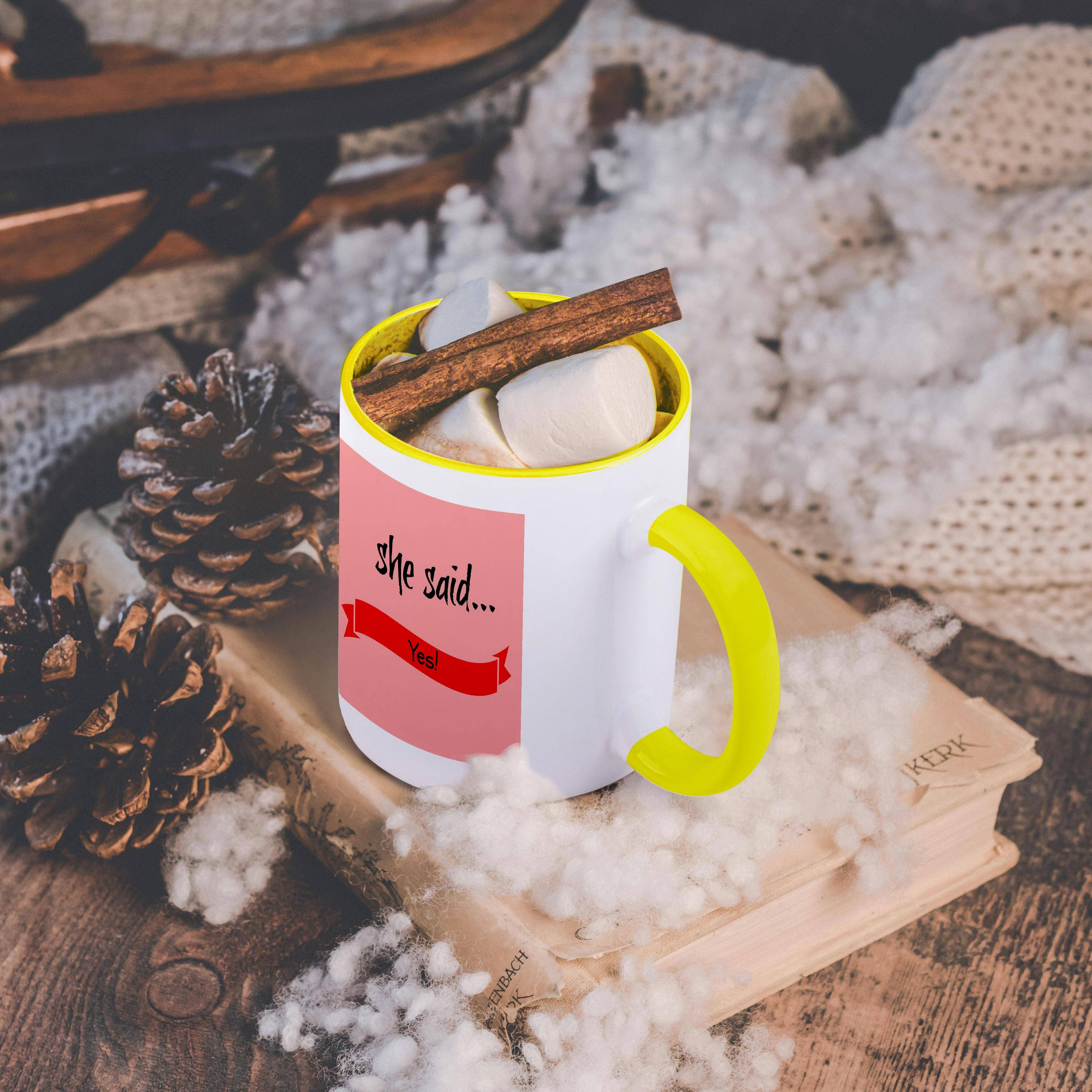 3dRose - Wholesale Coffee Mug - 3dRose, she said yes, black lettering on red ribbon, pink background, Mug5