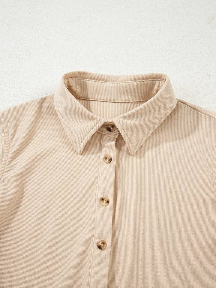 FULL TIME PURCHASE - Wholesale Dress - Women's - Corduroy Half Button Collared Long Sleeve Mini Dress9