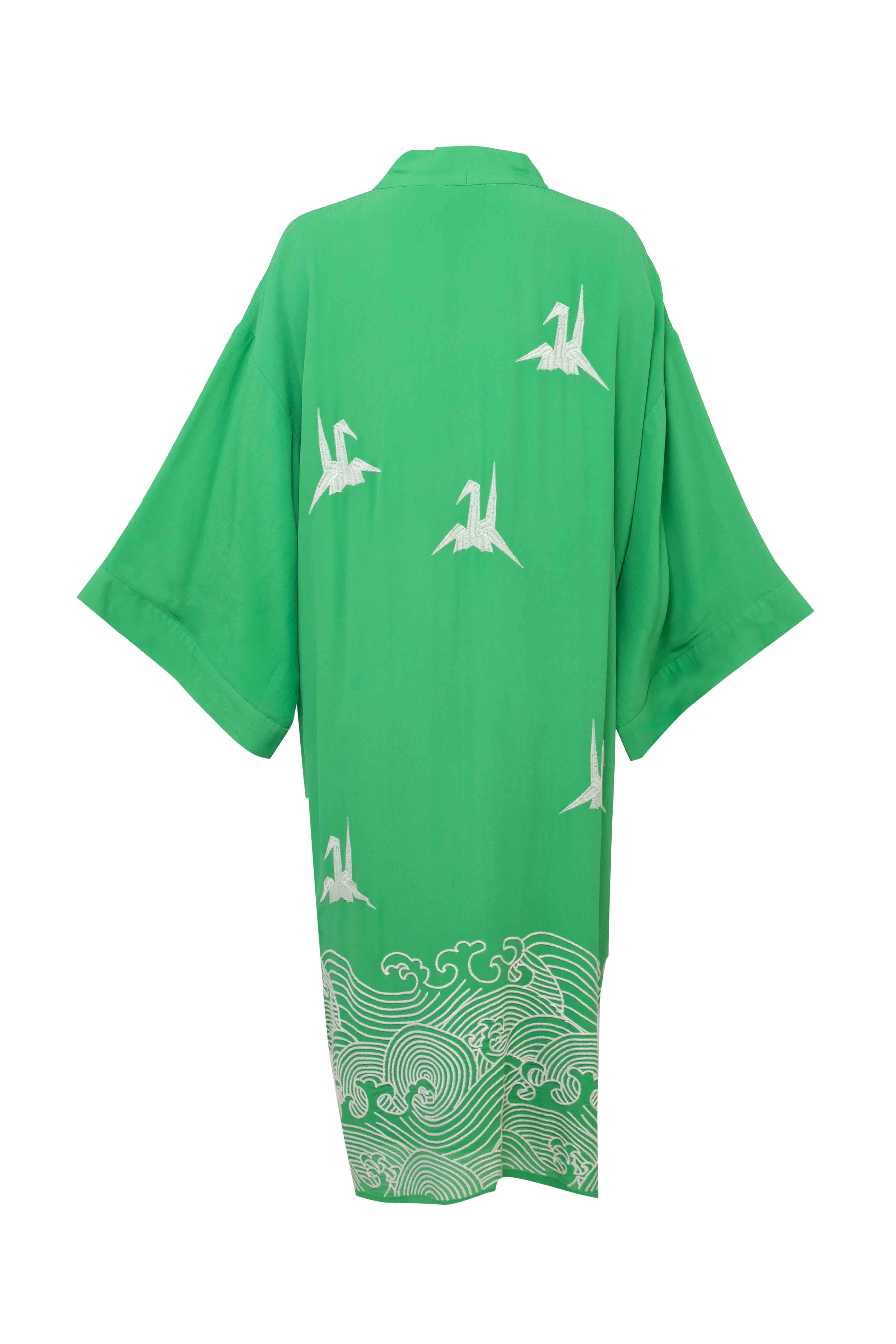 Artemis Muse – wholesale Kimono – Women's – Origami and Hokusai Wave Embroidered Fully Lined Island Green Long Kimono10