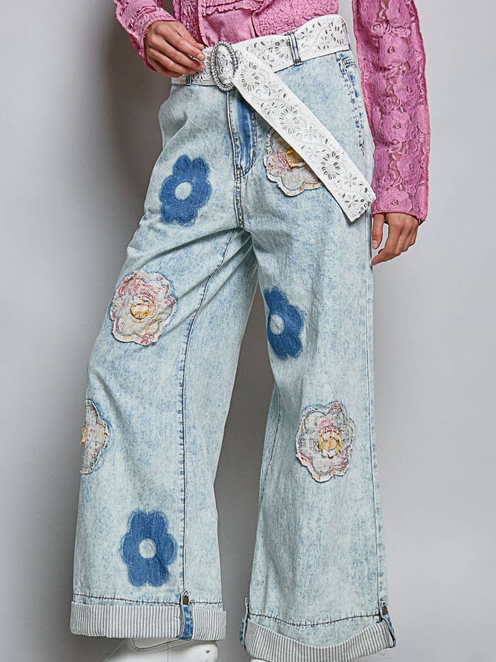 Pantalones vaqueros rectos con parches florales y dobladillo enrollado para venta al por mayor de Pol Clothing