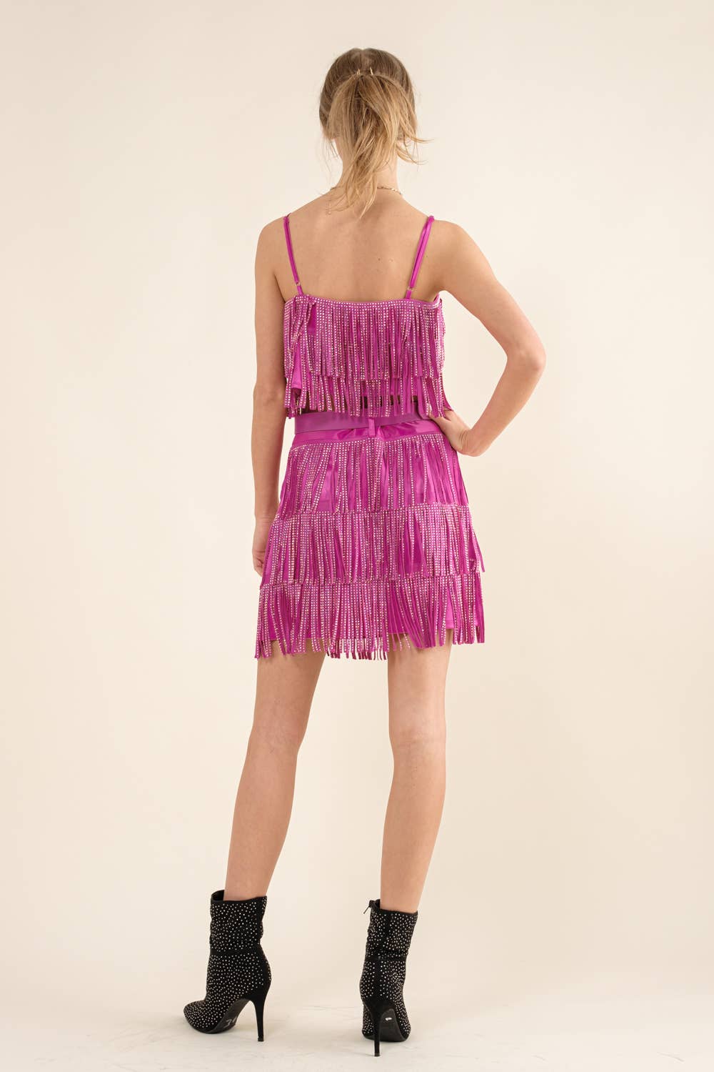 RED 32247T - Satin Base Studded Tiered Fringe Cami Top for wholesale on Faire11