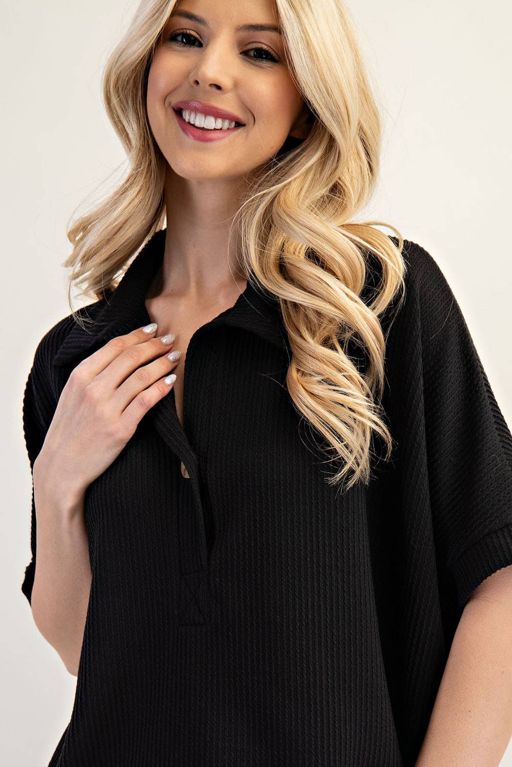 Celeste Clothing - Wholesale Knit Top - Women's - PLUS SIZE RIB KNIT COLLARED TOP WITH SHORT SLEEVES -CT2391334