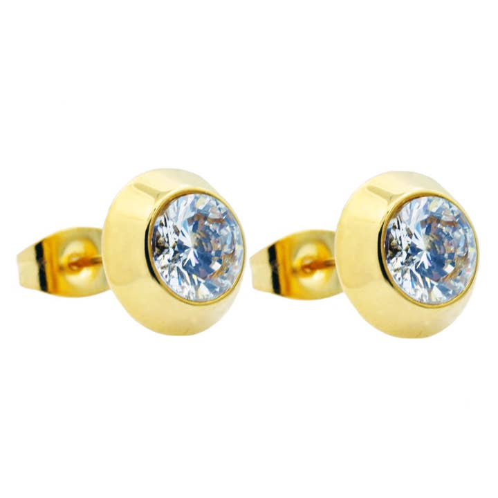 Mænds 9mm guld rustfrit stål øreringe med Cubic Zirconia for engroshandel hos Blackjack Mens Jewelry