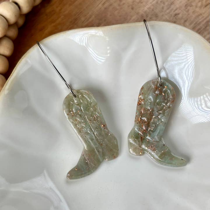 Ethereal Waves Cowgirl Boot Polymer Clay Earrings for wholesale by Adriana Maria Designs