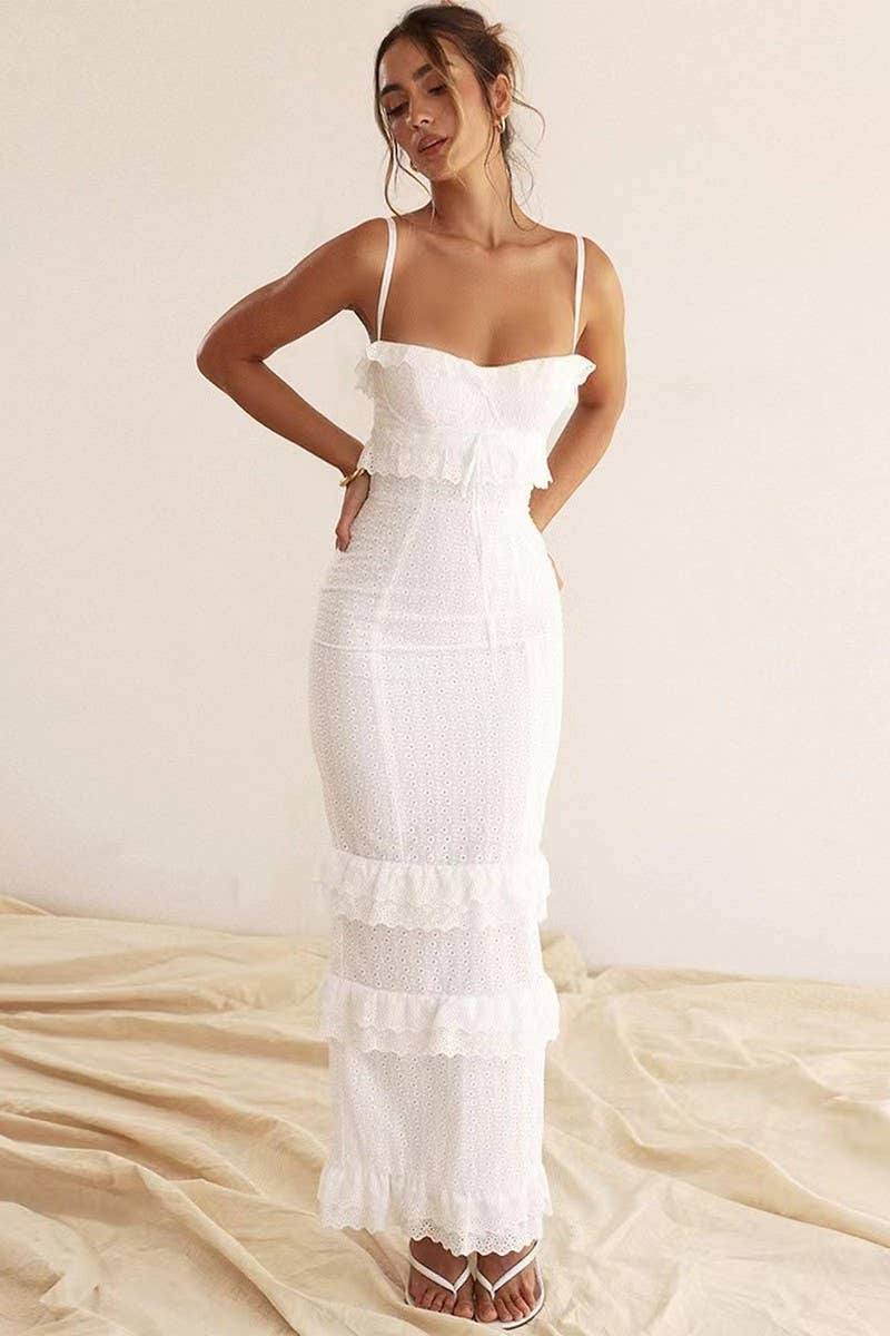 WHITE CWDMD3014_WHITE CROCHET SLIM SUSPENDER LONG DRESS for wholesale on Faire