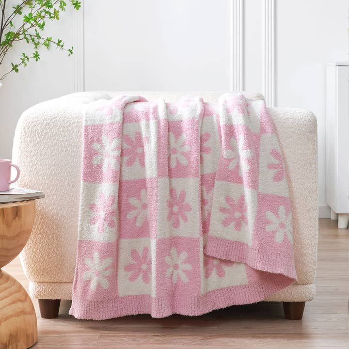 DreamValley - Wholesale Throw Blanket - SS Checkered Floral Throw Blanket Reversible Knitted Throw5
