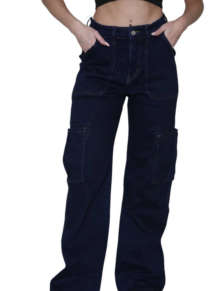 Lolita Dark Wash Cargo Wide Leg Jeans for wholesale by Kurt Muller