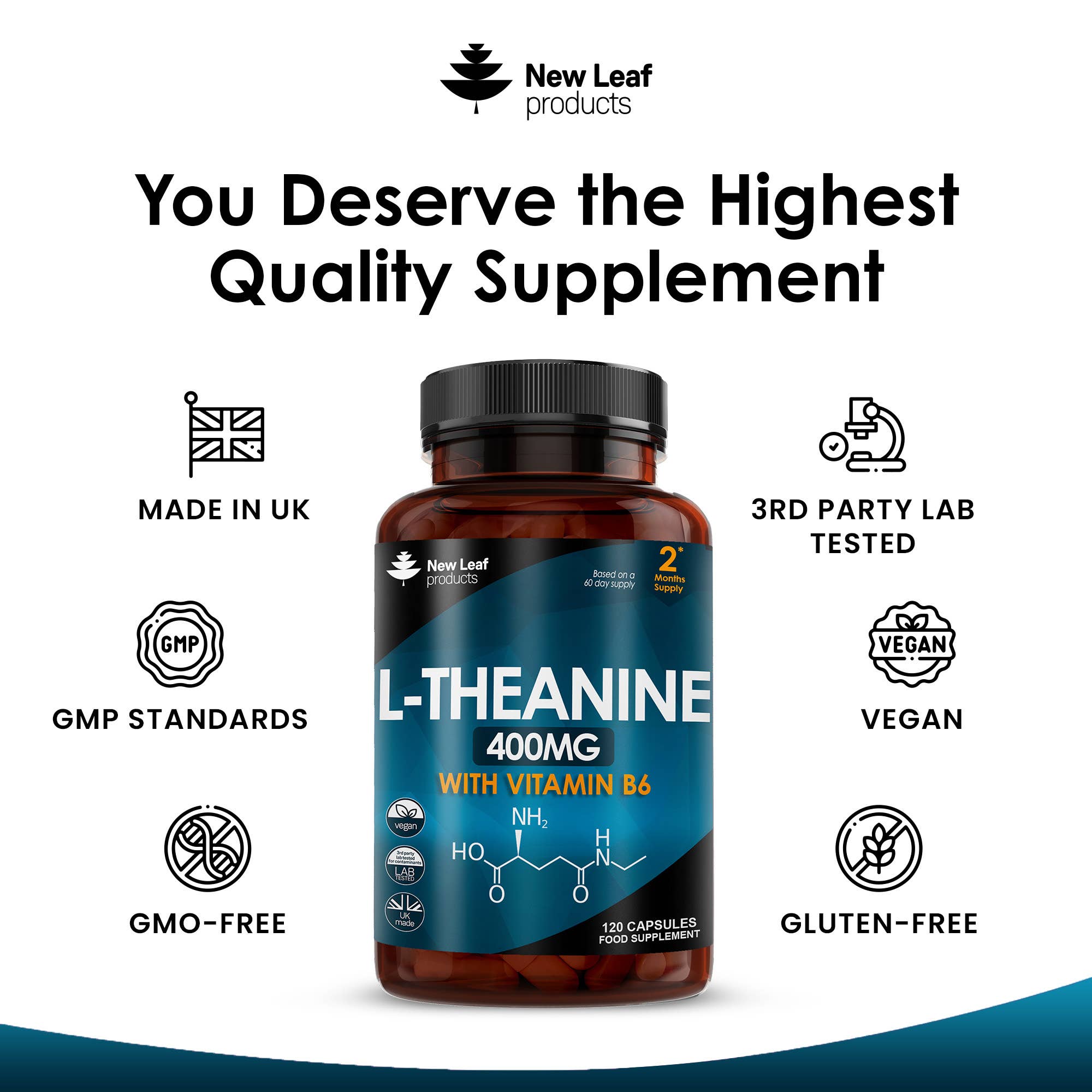 New Leaf products Ltd – wholesale Oral supplement/vitamin – L-Theanine + Vitamin B6 400mg Vegan Capsules - 120 Fill3