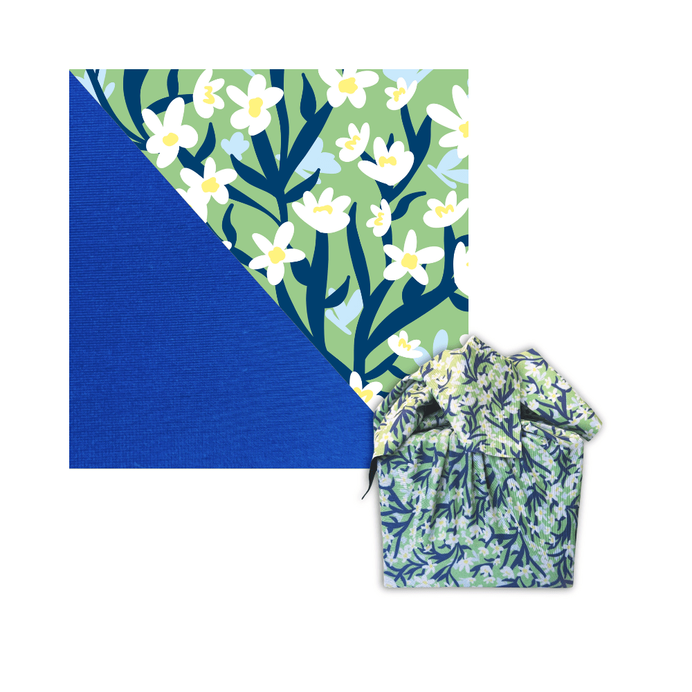 Shiki Wrap - Wholesale Flat Wrap - Set of 3 (S, L, XL) Reusable Cloth Furoshiki Gift Wrap | Spring Floral & Deep Blue1
