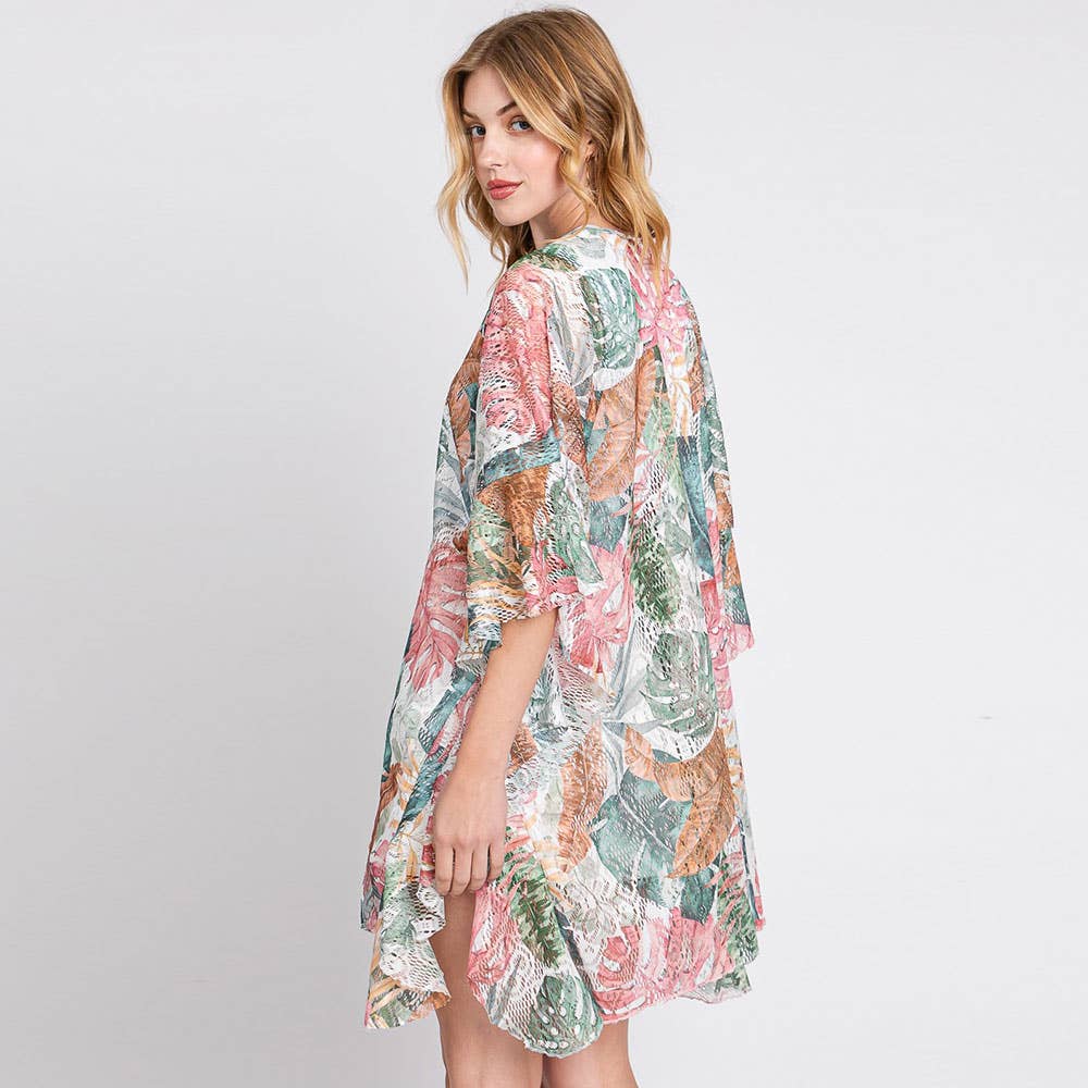 Sensibling Corp. - Wholesale Kimono - Women's - Ruffle Lined Leaves Printed Crochet Cover-Up Kimono Poncho3