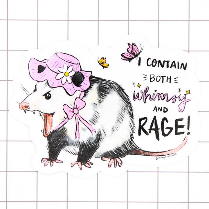 Whimsy and Rage Possum Vinyl Sticker for wholesale by Amy Hartelust Art and Illustration