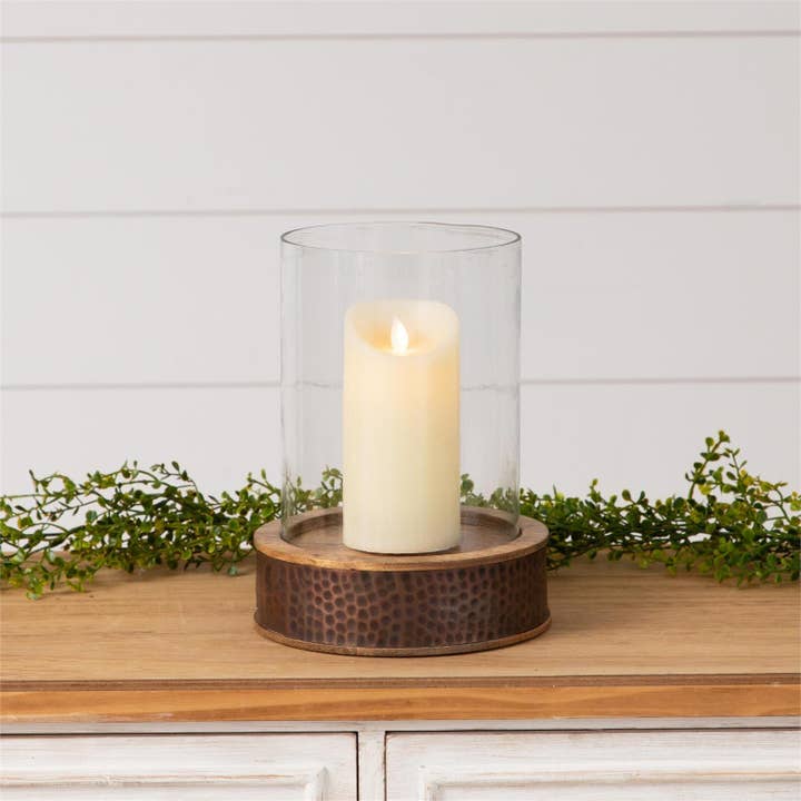 Audrey's Home & Gift - Wholesale Candle Holder - Wood Dimpled Base with Glass Cylinder (PC)