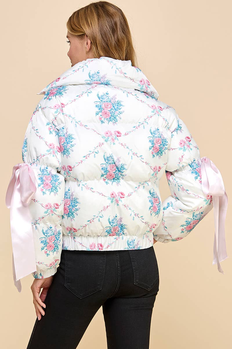TCEC - Wholesale Puffer Jacket - Women's - CJ6546-Floral Print Bow Knot Elbow String Puffer Jacket4