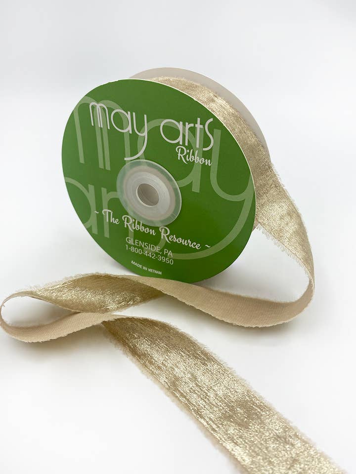 1" Champagne Silky Velvet Metallic Ribbon with Frayed Edge for wholesale by May Arts Ribbon