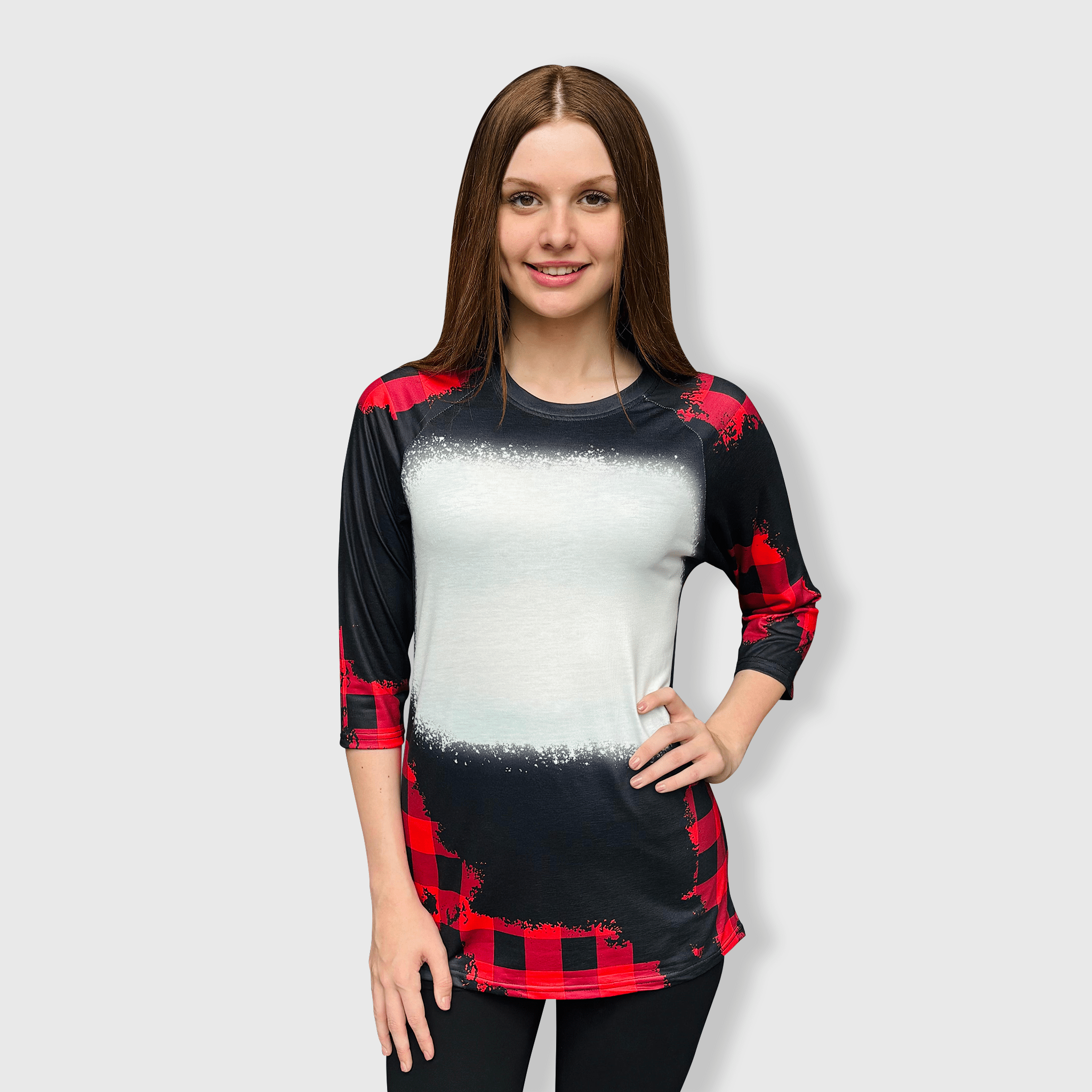 ILTEX Apparel - Wholesale Sublimation Blank T-Shirt - Women's - Buffalo Plaid Black Red Raglan Blank Faux Bleached Top1