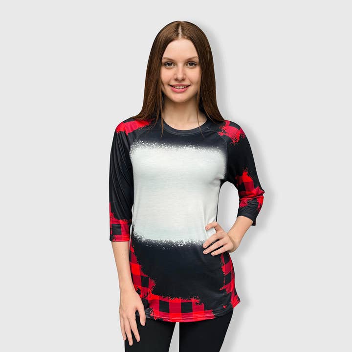 ILTEX Apparel - Wholesale Sublimation Blank T-Shirt - Women's - Buffalo Plaid Black Red Raglan Blank Faux Bleached Top1