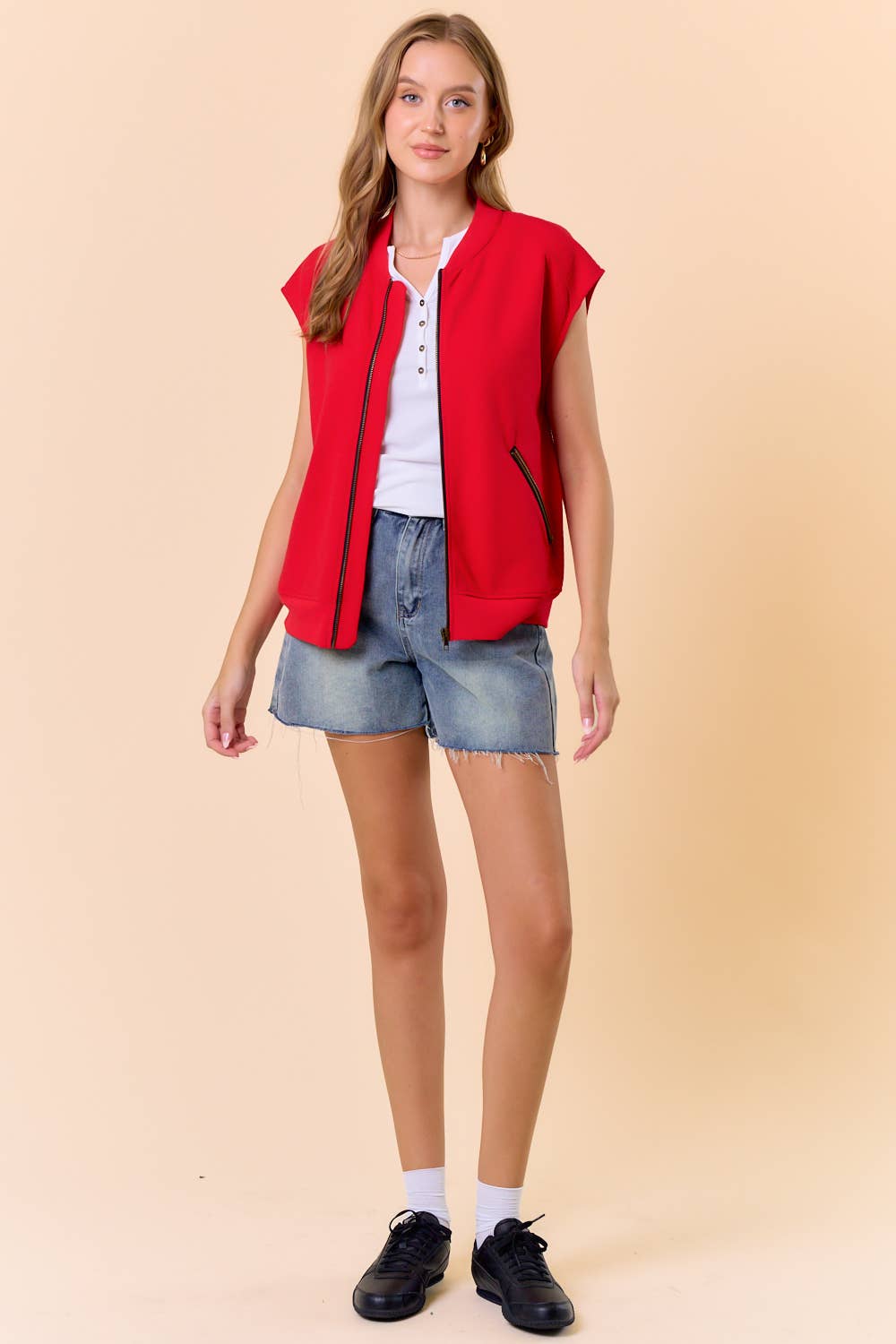 Red Round Neck Front Zip Closure Fleeced Vest - 10608J-1 for wholesale on Faire4