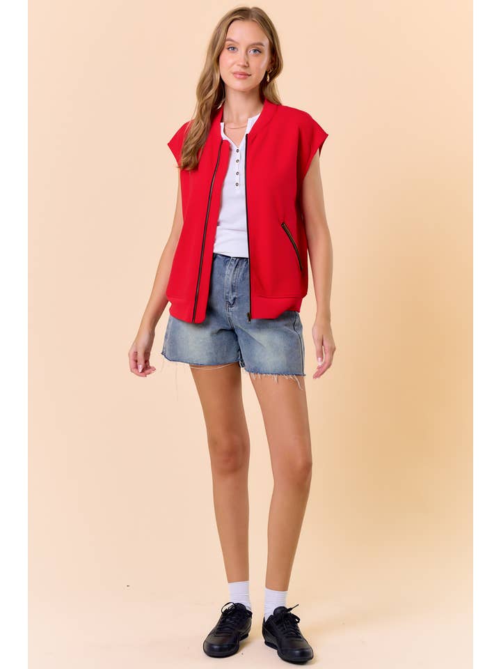 Red Round Neck Front Zip Closure Fleeced Vest - 10608J-1 for wholesale on Faire4