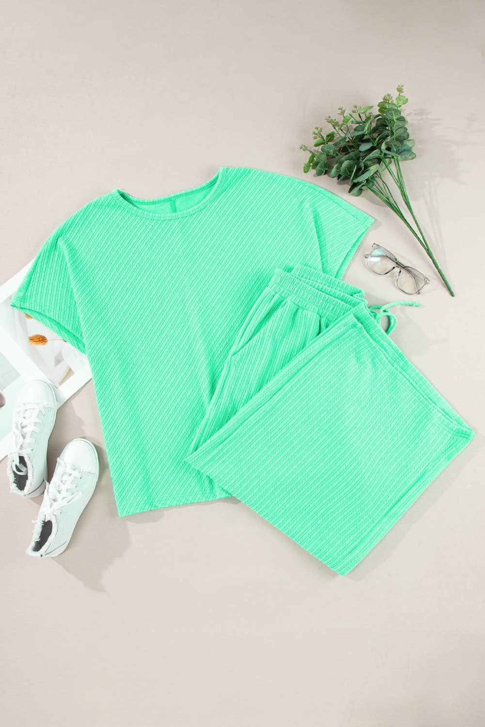 FULL TIME PURCHASE - Wholesale Lounge Set - Women's - Textured Batwing Sleeve Tee Wide Leg Pants Plus Size Set7