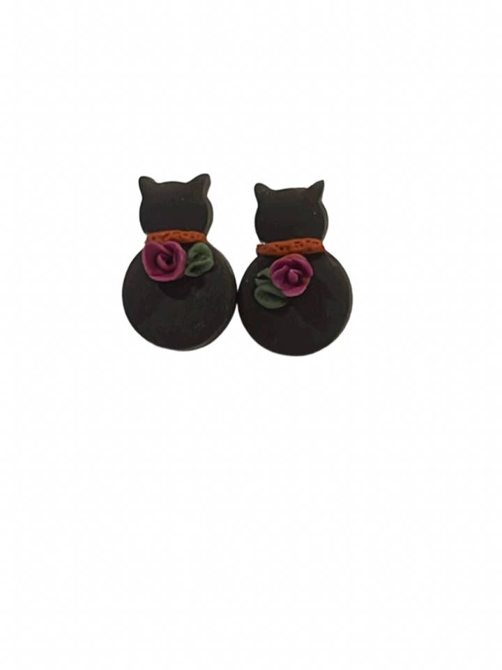 Cat stud earrings with flower collar for wholesale by Maia Sol Designs